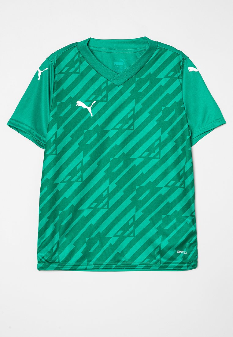 T-shirt de sport vert avec un col en V, manches courtes, comportant un motif géométrique et des accents de logo blancs contrastants. Fabriqué à partir d'un tissu léger.