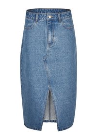 Mid-blå denimpennkjol med framvikbar design, framklipp, bältesömmar, två framfickor och knäppning.