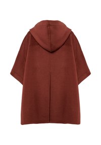 Cappotto rosso oversize con cappuccio, dal tessuto morbido e maniche larghe, con una cucitura posteriore. Design minimalista senza chiusure o decorazioni visibili.