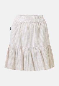 Jupe rayée beige et blanche avec taille élastique et ourlet volanté, confectionnée dans un tissu texturé avec une petite étiquette latérale.