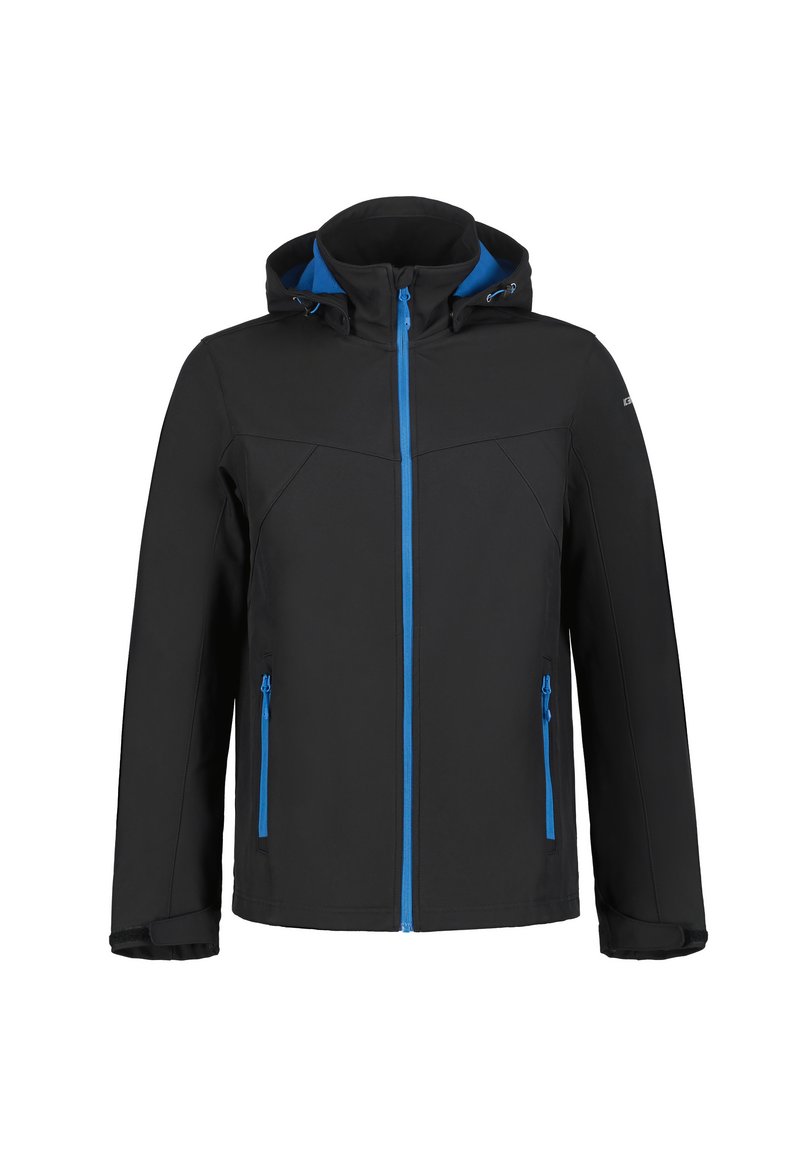 Sort softshell-jakke med blå lynlåsdetaljer. Har en hætte, to lynlåslommer på siden og en glat tekstur.