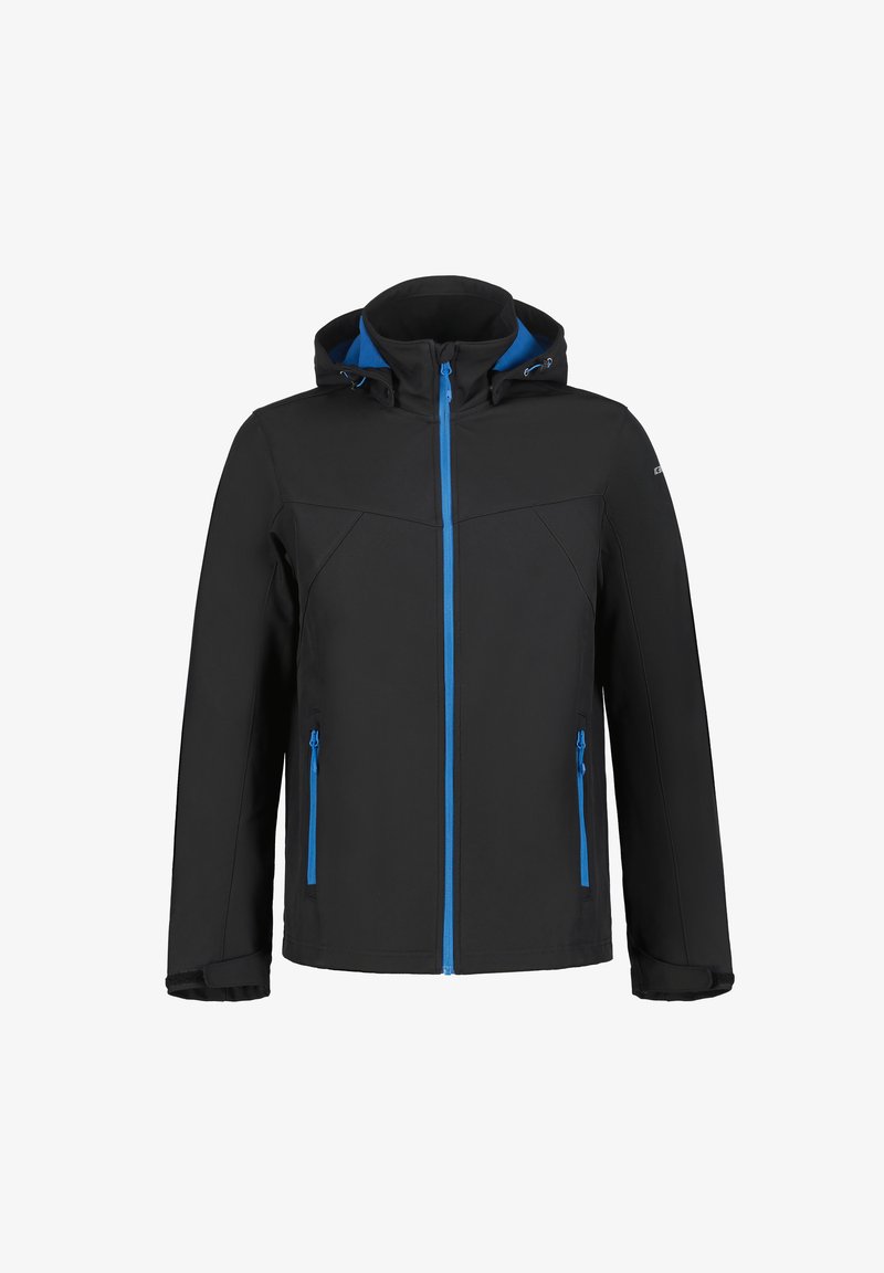 Jachetă neagră din material softshell cu accente albastre la fermoar. Dispune de o glugă, două buzunare laterale cu fermoar și o textură netedă.