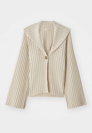 Beige, ribbed cropped jacket with a wide notched collar and a single button closure. Features long sleeves and textured fabric.