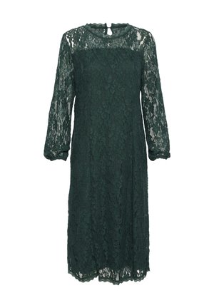 Tummanvihreä pitsimekko, jossa on pitkät hihat, pyöreä pääntie ja avok selkäosa. Mekossa on kukkakuvioinen pitsikuvio ja puolipitkä helma.