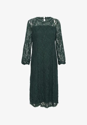 Abito in pizzo verde scuro con maniche lunghe, scollatura tonda e dettaglio a chiave sul retro. Presenta un motivo in pizzo floreale e un'orlo di lunghezza media.