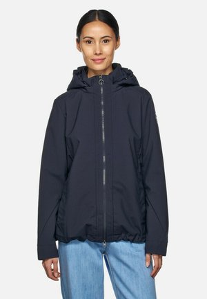 Giacca cappuccio blu navy con chiusura frontale a zip, polsini elasticizzati e una vestibilità leggermente corta e rilassata. Tessuto liscio e resistente.