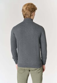 Maglione grigio lavorato a maglia con collo alto, maniche lunghe e polsini e orlo a coste. Indossato con pantaloni verdi, mostrato di spalle su uno sfondo chiaro.