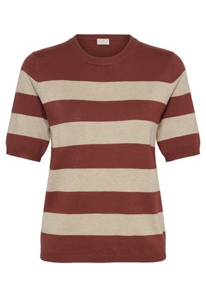 Pull en maille à manches courtes avec larges rayures horizontales rouille et beige, doté d'un col rond.