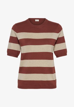 Pull en maille à manches courtes avec larges rayures horizontales rouille et beige, doté d'un col rond.