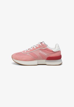 Pink sneakers with a mix of suede and mesh materials, featuring white laces, a white heel cap, and a red accent on the sole.