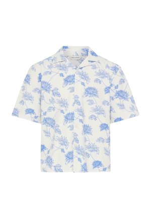 Chemise blanche à manches courtes avec des boutons, motif floral bleu et col décontracté.