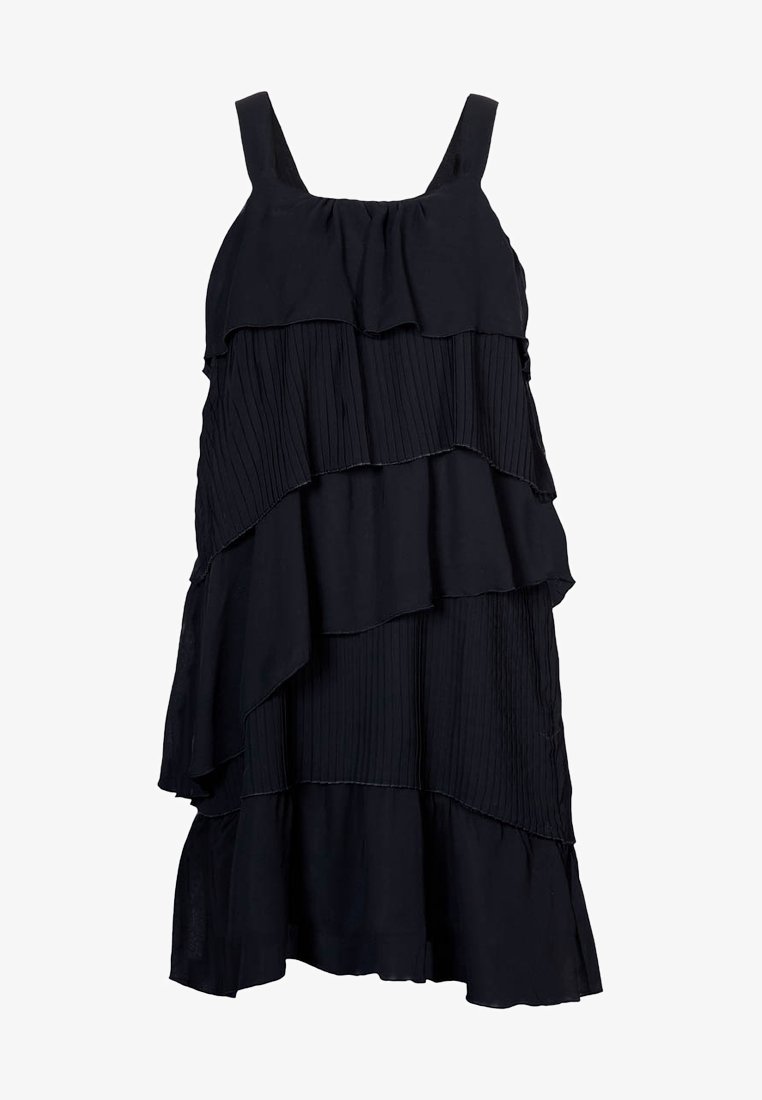Robe noire sans manches avec des volants plissés superposés et des bretelles larges, présentant une coupe ample et fluide.