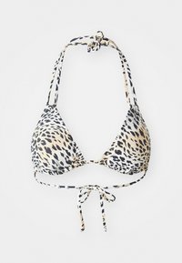 Triangulær bikinitopp med leopardmønster, i sorte, beige og kremfarger, med justerbare bånd og rynket stoff.