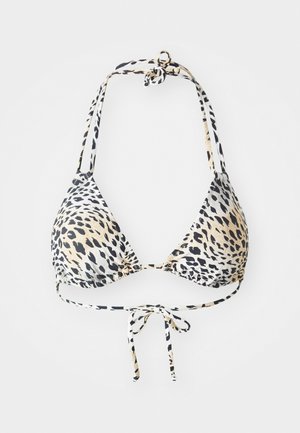 Triangular bikini top in a leopard print design, featuring black, beige, and cream colors, with adjustable tie straps and gathered fabric.