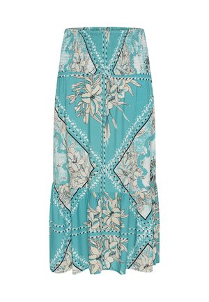 Tirkizna midi krilo s bež cvetličnimi vzorci in geometrijskimi diamantnimi oblikami v črno-belih poudarkih.