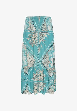 Tyrkysová midi sukňa s béžovými kvetinovými vzormi a geometrickými diamantovými tvarmi v čierno-bielych akcentoch.