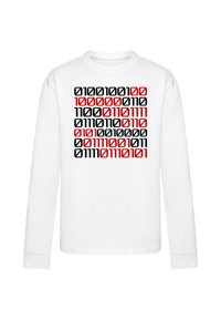 Long-sleeve white t-shirt featuring a graphic print of binary code in black and red arranged in rows on the front.