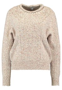 Paksu neulottu villapaita vaalean beigenä monivärisillä pilkuilla. Pyöreä pääntie, resorireunat hihoissa ja helmassa. Rakeinen kangas.