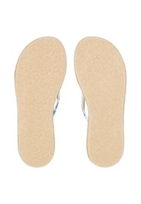 Footwear with a textured beige rubber sole featuring a flower pattern, with blue and white straps attached at the sides.