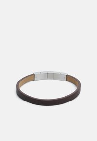 Brown leather bracelet with a smooth texture, featuring a metallic silver clasp with a polished finish and four segments for closure.