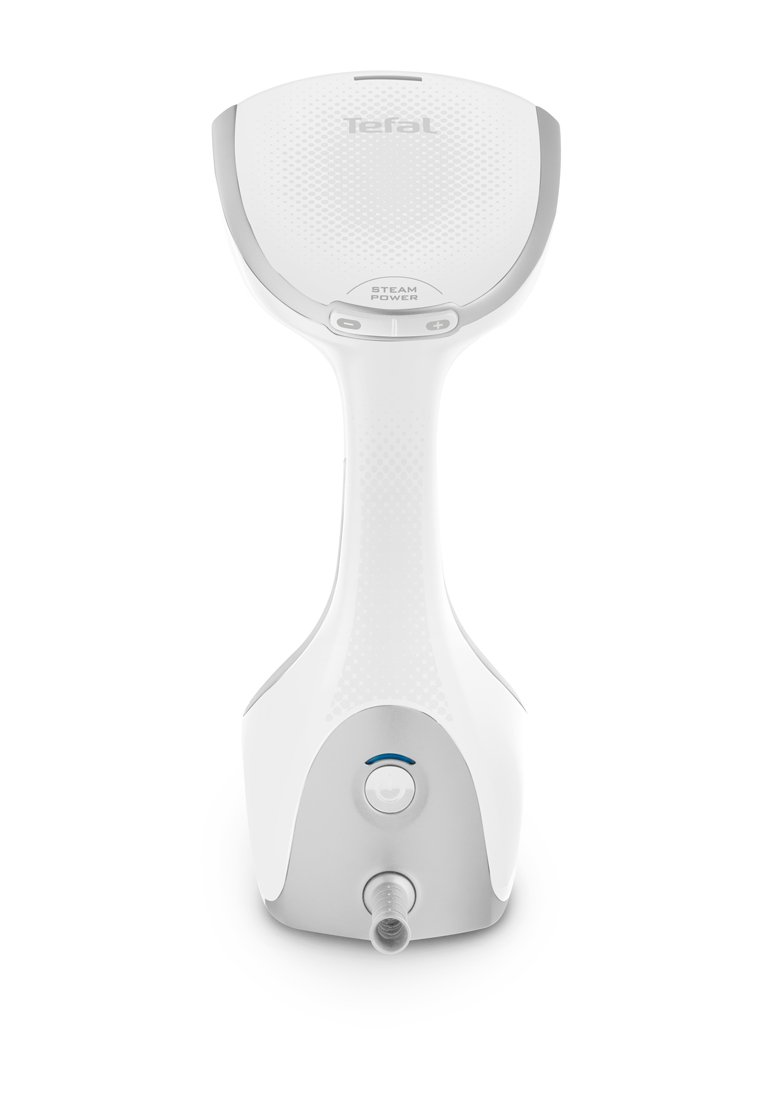 Tefal Handdampfer in Weiß mit strukturierter Oberfläche. Verfügt über Dampfkrafttasten, eine blaue Anzeigeleuchte und eine flexible Dampfdüse.