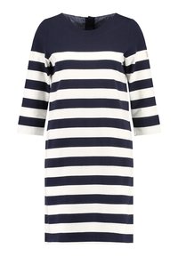 Robe rayée marine et blanche avec des manches trois quarts, un col rond et une coupe droite. Le tissu semble doux et légèrement texturé.