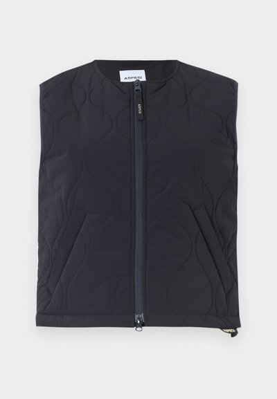 Steppweste in Schwarz mit hohem Kragen, Frontreißverschluss und seitlichen Taschen. Glatte Textur mit geschwungenen Nahtmustern. Mit dem Etikett "ASPESI."