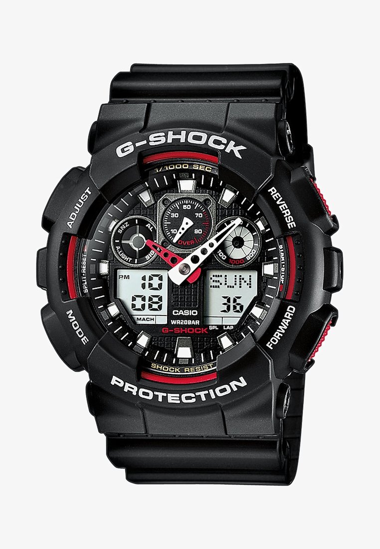 G-Shock-Uhr mit einem schwarzen Harzarmband, digitalem und analogem Zifferblatt, roten Akzenten, strukturiertem Ziffernblatt und mehreren Funktionen, darunter Alarm und Stoppuhr.