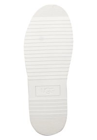 Semelle de chaussure en caoutchouc blanc avec des rainures horizontales, une forme arrondie et un logo "UGG" en relief au centre. Texture lisse dans l'ensemble.