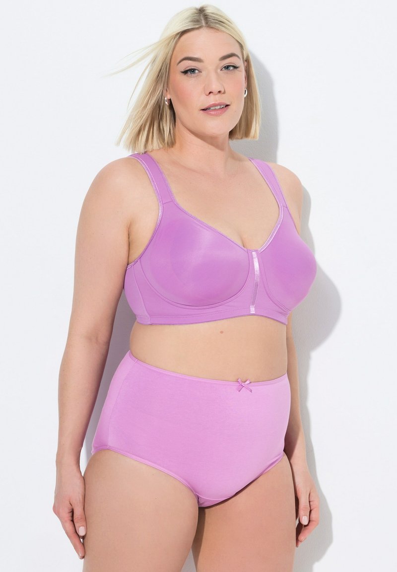 Reggiseno viola chiaro senza cuciture con spalline regolabili e chiusura frontale, abbinato a mutandine a vita alta con un piccolo dettaglio a fiocco.