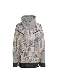 Giacca leggera con cappuccio caratterizzata da un motivo floreale e righe in beige e nero. Progettata con cerniere e un logo arrotondato sull'orlo.