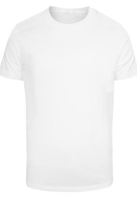 White cotton t-shirt with short sleeves, crew neck, and a smooth texture; simple design without patterns or accents.