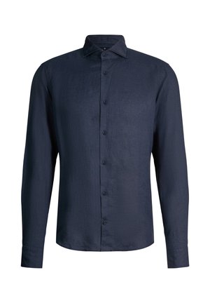 Marineblaues langärmeliges Hemd mit Knopfleiste, klassischem Kragen, Standardmanschetten und geradem Saum, dargestellt auf weißem Hintergrund.