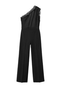 Combinaison noire asymétrique à une épaule avec jambes larges et bordure en dentelle le long de la bretelle unique et de l'encolure.