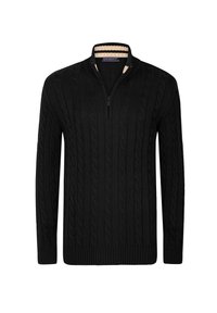 Schwarzer Kabelstrickpullover mit hohem Kragen und teilweisem Reißverschluss. Gerippte Bündchen und Saum, mit einem kontrastierenden beigen Innenfutter.