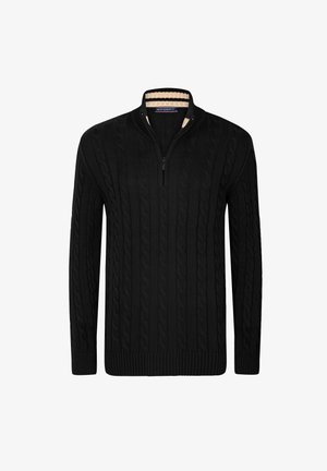 Pull noir en tricot avec un col haut et une demi-zip. Poignets et ourlet côtelés, avec un intérieur beige contrastant.