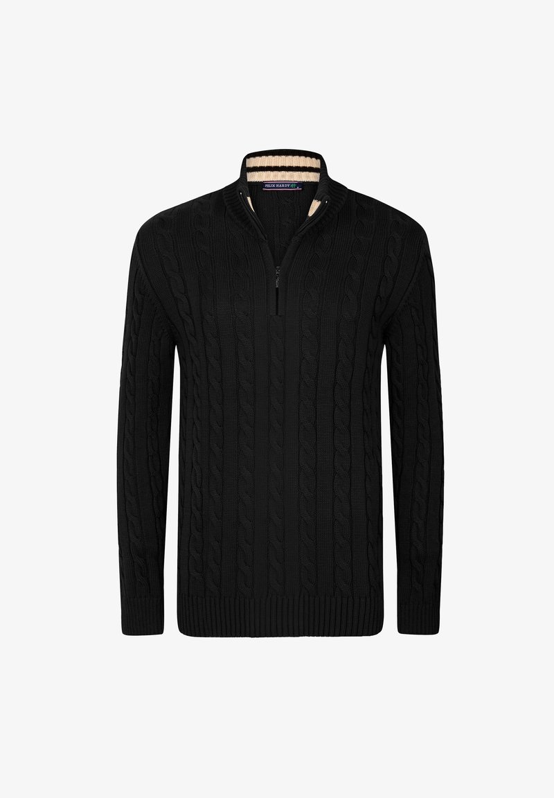 Schwarzer Kabelstrickpullover mit hohem Kragen und teilweisem Reißverschluss. Gerippte Bündchen und Saum, mit einem kontrastierenden beigen Innenfutter.