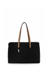 Sac fourre-tout noir en matériau lisse, avec deux poignées beige et une poche zippée à l'avant pour le rangement.