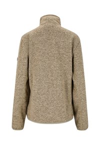 Fleecejacka i en texturerad brun tyg, med hög krage och sidosemnöjningar. Enkelt design utan synliga logotyper eller utsmyckningar.