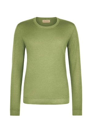 Hellgrüner Pullover mit langen Ärmeln und Rundhalsausschnitt, gefertigt aus feinem Strickstoff mit gerippten Bündchen und Saum.