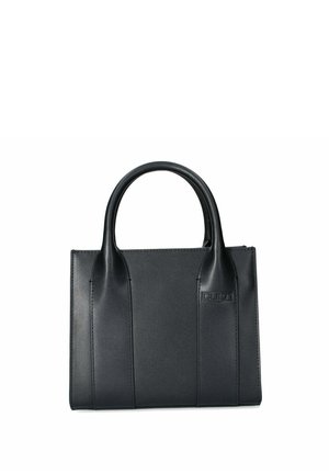 Borsa a mano in pelle nera con due manici rotondi, forma rettangolare e accenti verticali cuciti. Presenta un dettaglio del logo discreto.