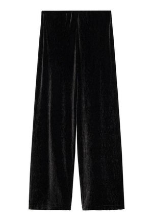 Black wide-leg pants made of textured velvet, featuring a smooth finish and subtle vertical lines, with a straight cut and no visible hardware.