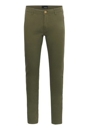 Olive-green trousers made of soft cotton blend, featuring a front button closure, belt loops, and a slim fit design.