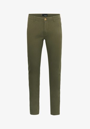 Selle pehmeast puuvillasegist materjalist oliivrohelised püksid, millel on esine nuppude sulgemine, vöökohad ja slim-fit disain.