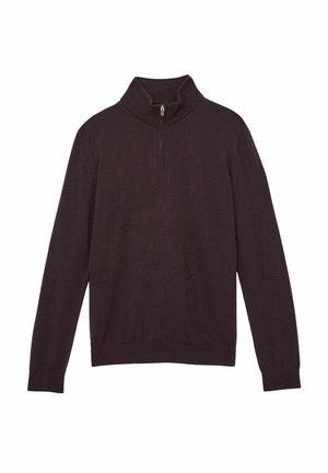 Pull-over en violet foncé avec un col montant et une demi-fermeture éclair. Manches longues et ourlet côtelé, fabriqué en tissu tricoté doux.