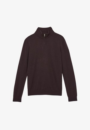 Tmavě fialový svetr s vysokým límcem a polo zipem. Dlouhé rukávy a hladký lem, vyrobený z měkké pleteniny.