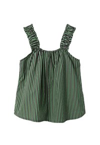 Zielono-czarny tank top w paski z falbaniastymi ramiączkami i marszczonym dekoltem. Lekki materiał, luźny krój i prosty dół.