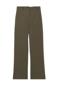 Pantalons larges vert olive en tissu lisse, avec une taille plate, des passants de ceinture et une fermeture à bouton unique à la taille.