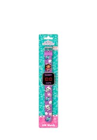 L'orologio LED di Gabby's Dollhouse presenta un cinturino viola con design di gatti cartoon, quadrante rettangolare nero che mostra l'ora in cifre LED rosse.