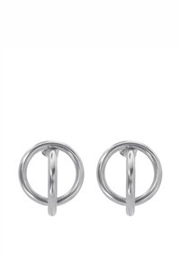 Sølv metall hoop øreringer med et sirkulært design, med en glatt overflate og en sikker post-baklukking. Enkelt og moderne stil.